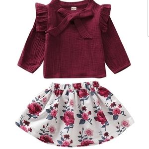 2 piece burgundy flutter sleeve flower skirt set